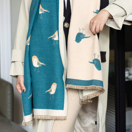 Cashmere Teal and  Beige Blend Robin Bird Scarf| | Holiday Gift Collection